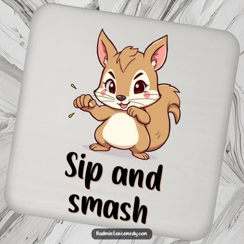 Funny Squirrel Aim Coaster: A squirrel character with focused eyes aims its racket, ready to smash, protecting surfaces stylishly.
