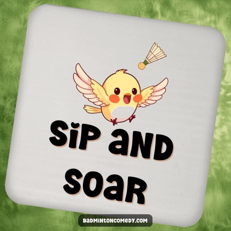 Funny tiny bird fluttering after a shuttlecock on a drink coaster, offering surface protection.