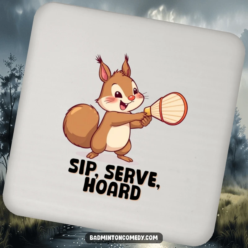 Funny Squirrel Badminton Coaster: A cheerful squirrel serving a shuttlecock with a mighty swing, protecting surfaces humorously.
