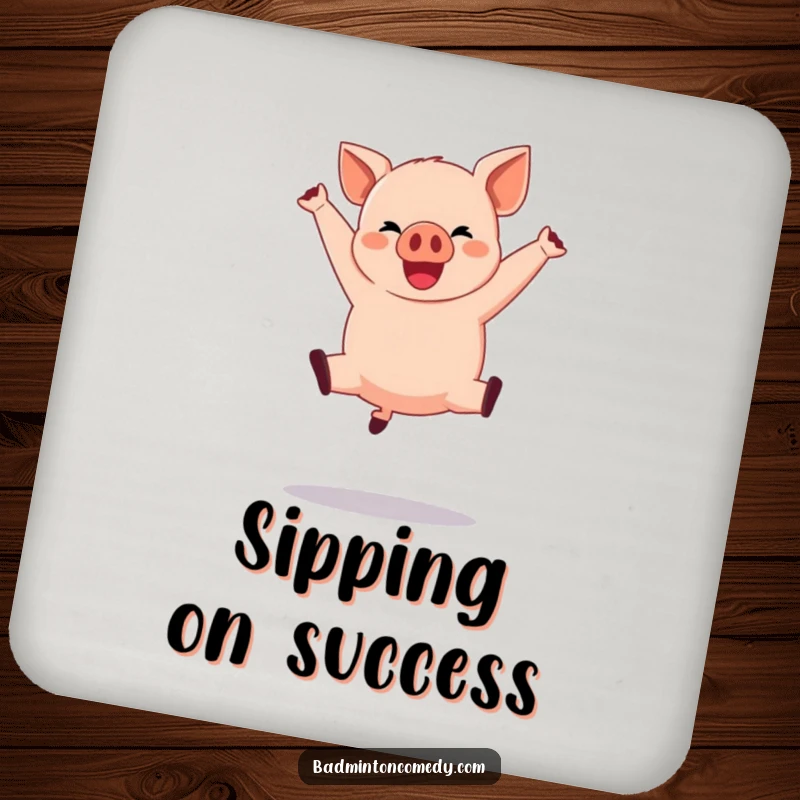 Funny Pig Basketball Coaster: A happy pig executing a dramatic jump shot, humorously protecting surfaces.