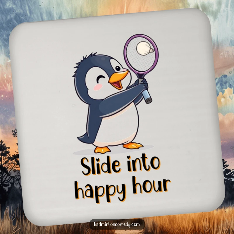 Funny Penguin Badminton Coaster: A penguin character lunges with racket raised high, ready to smash a shuttlecock.