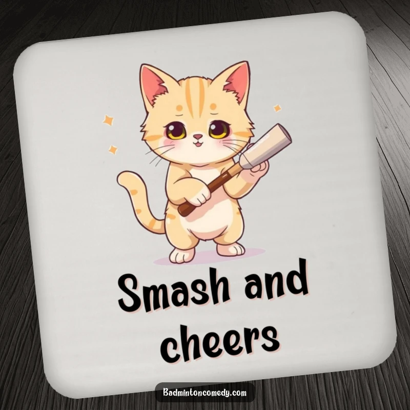 Funny cat tennis coasters featuring a cat posing after a smash, protecting your surfaces with artistic flair.