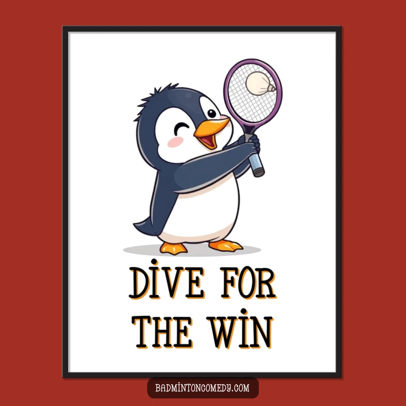 Funny Penguin Badminton Poster: Lunging Bird Smash Art - Gift Idea!