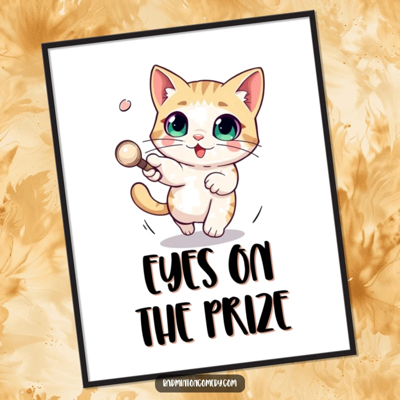 Funny poster depicting a cat with large, alert eyes skilfully dodging a fast shuttlecock, capturing a moment of humorous agility.