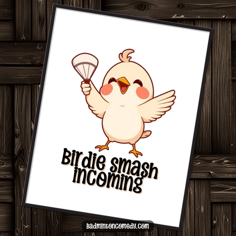 Funny Poster: A small bird enthusiastically serves a badminton shuttlecock with its beak, adding a touch of playful sport to decor.