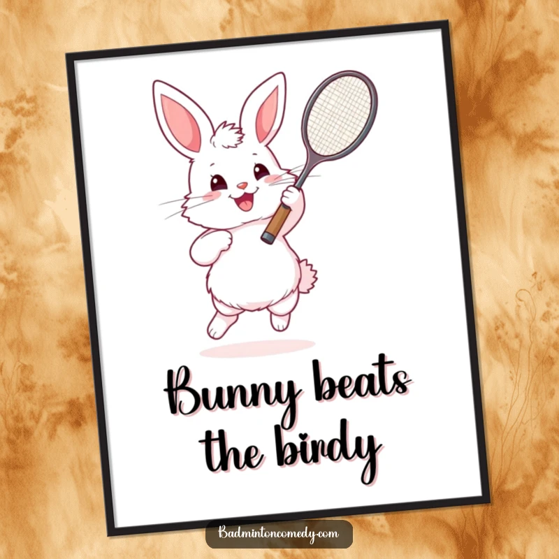 Funny Bunny Badminton Poster: A fluffy rabbit intensely playing badminton, adding humor and energy to wall decor.
