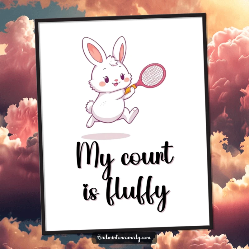 Funny fluffy bunny character smashing a shuttlecock with a tiny racket, displayed as vibrant poster art.