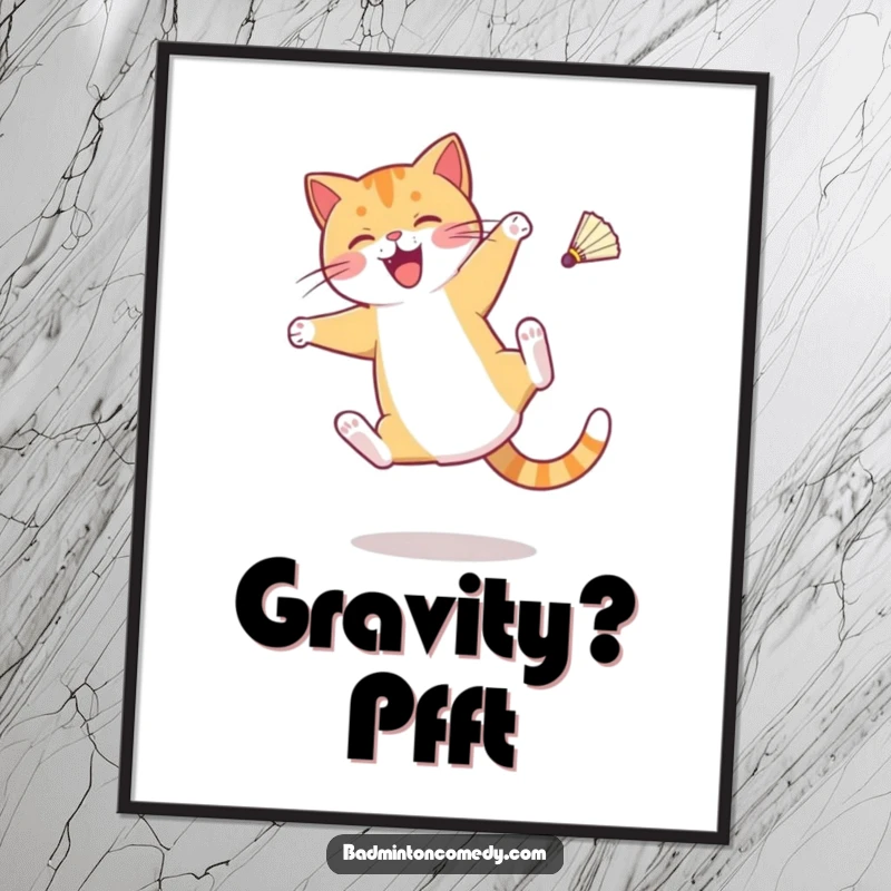 Funny poster of a cat character performing a cartwheel with a shuttlecock airborne, celebrating the sport of badminton.