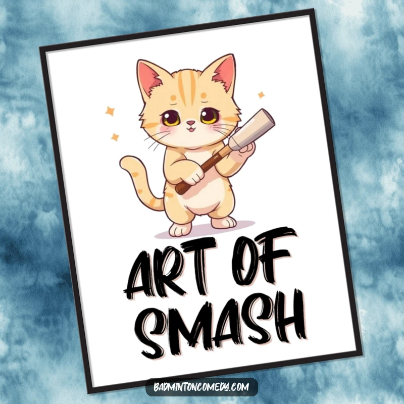 Funny cat tennis poster capturing a cat in an artistic pose of triumph after delivering a powerful smash.