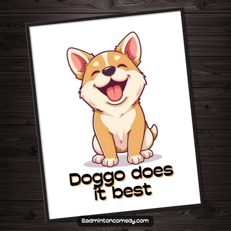Funny happy dog panting contentedly after a spirited badminton rally on a poster, full of joy.