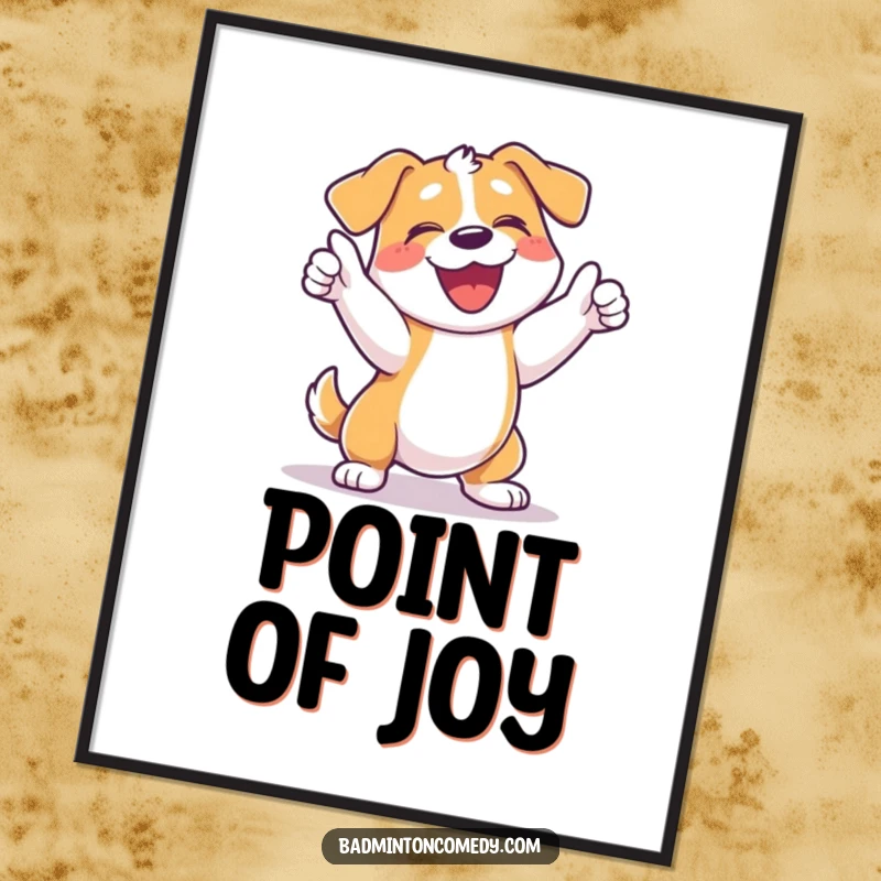 Funny dog tennis poster of a happy dog joyfully barking and swinging its racket after winning a point.