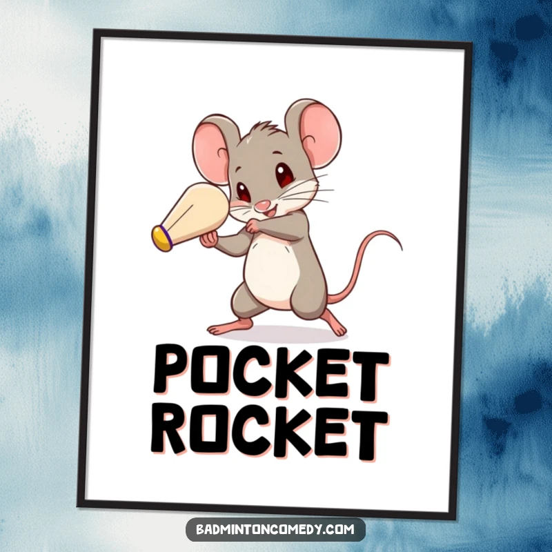 Funny mouse in rapid motion, expertly hitting a shuttlecock with surprising speed, humorous wall art for sports fans.