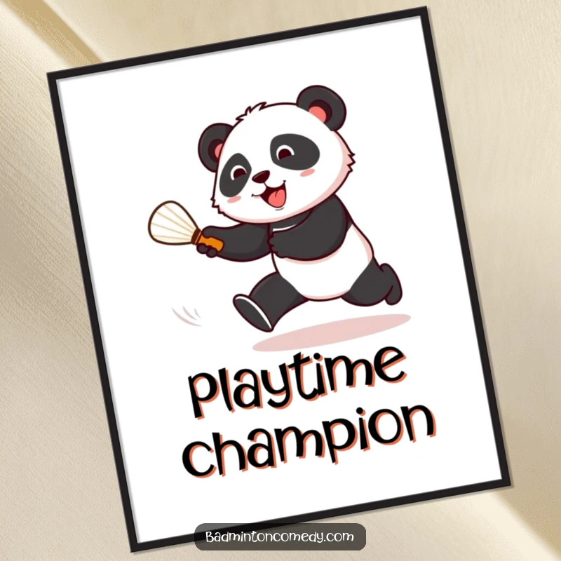 Funny cartoon panda chasing a shuttlecock across a badminton court, dynamic wall art with athletic humor.