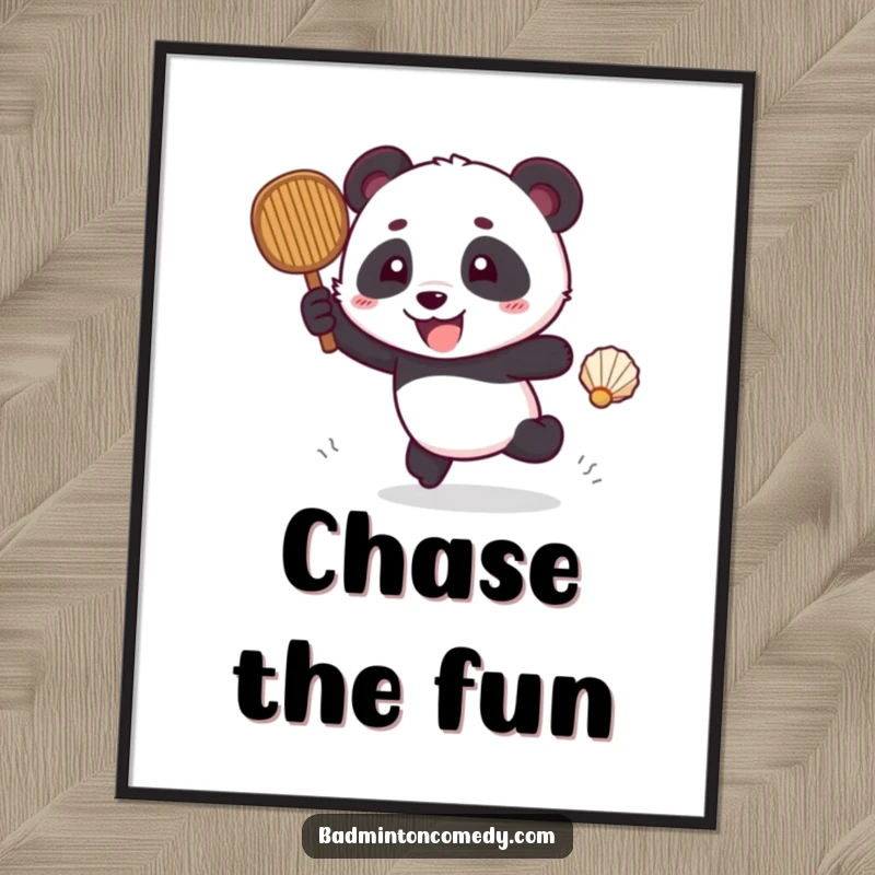 Funny, playful panda excitedly chasing a shuttlecock across a badminton court, as a vibrant poster.