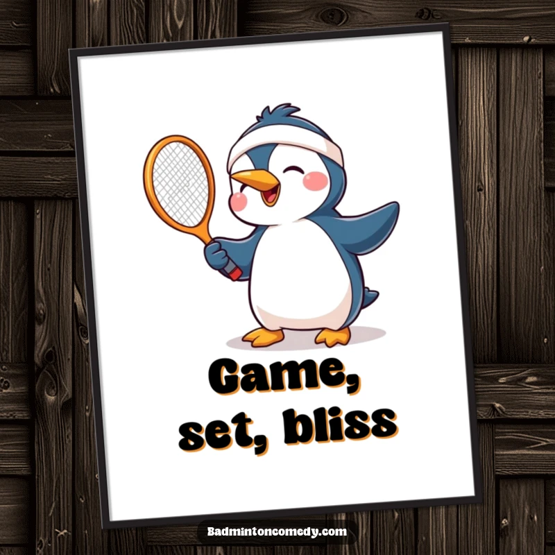 Funny penguin in a headband, joyfully swinging a tennis racket with great enthusiasm, perfect humorous wall art for sports fans.