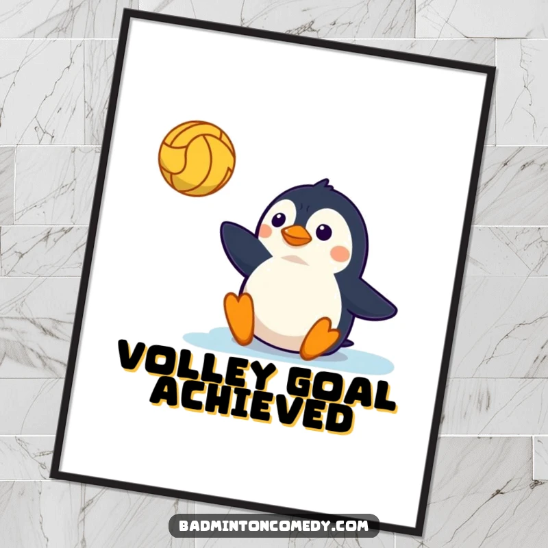Funny Poster: A penguin executing an impressive slide on a tennis court, depicted with humor and athletic flair.