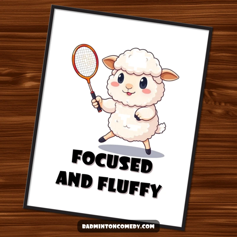 Funny fluffy sheep with a determined expression, playing badminton with a shuttlecock on this humorous poster art.