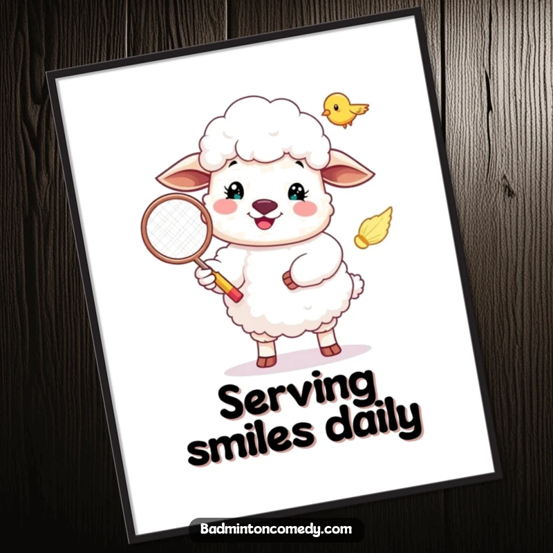 Funny Sheep Poster: A colorful poster depicting a happy sheep in the action of serving a badminton shuttlecock.