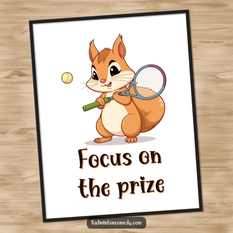 Funny Squirrel Badminton Poster: A curious squirrel with a concentration face practicing its badminton serve, showing dedication.
