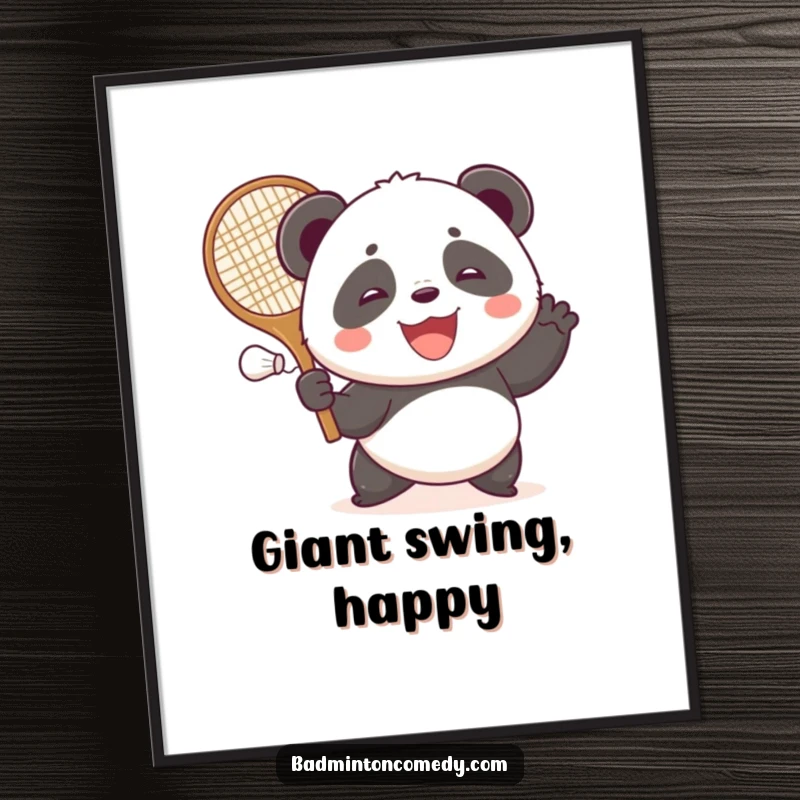 Funny panda holding a large racket, gleefully striking a shuttlecock with a happy expression on this poster.