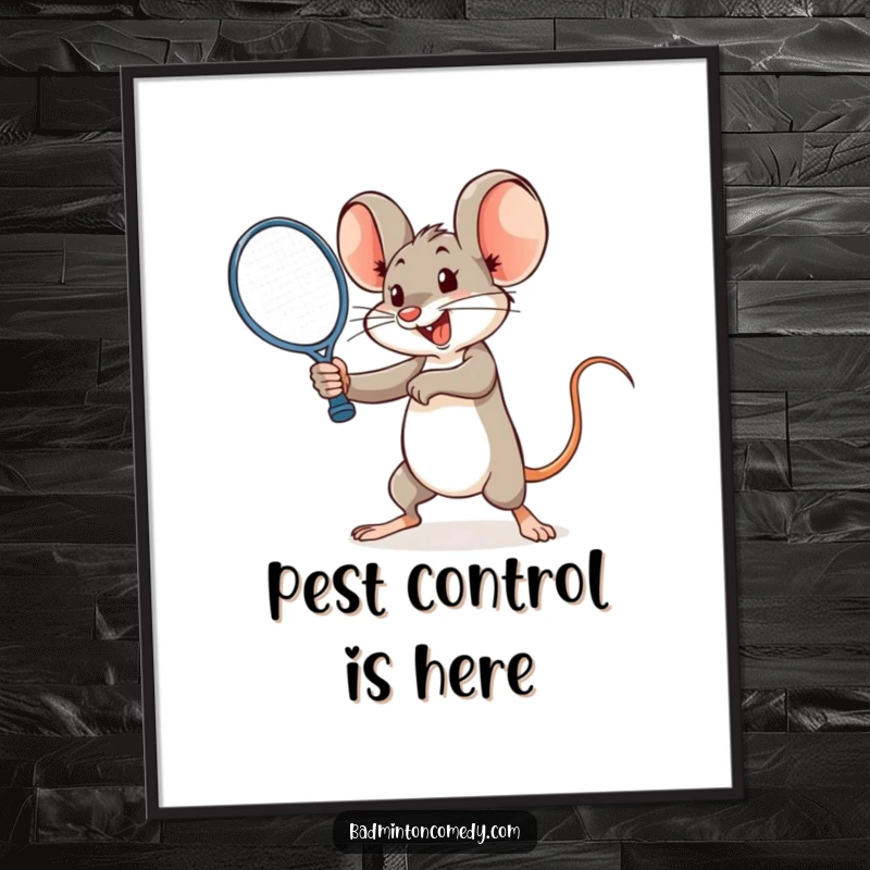 Funny cheerful mouse smashing a shuttlecock with force on a poster, capturing athletic prowess.