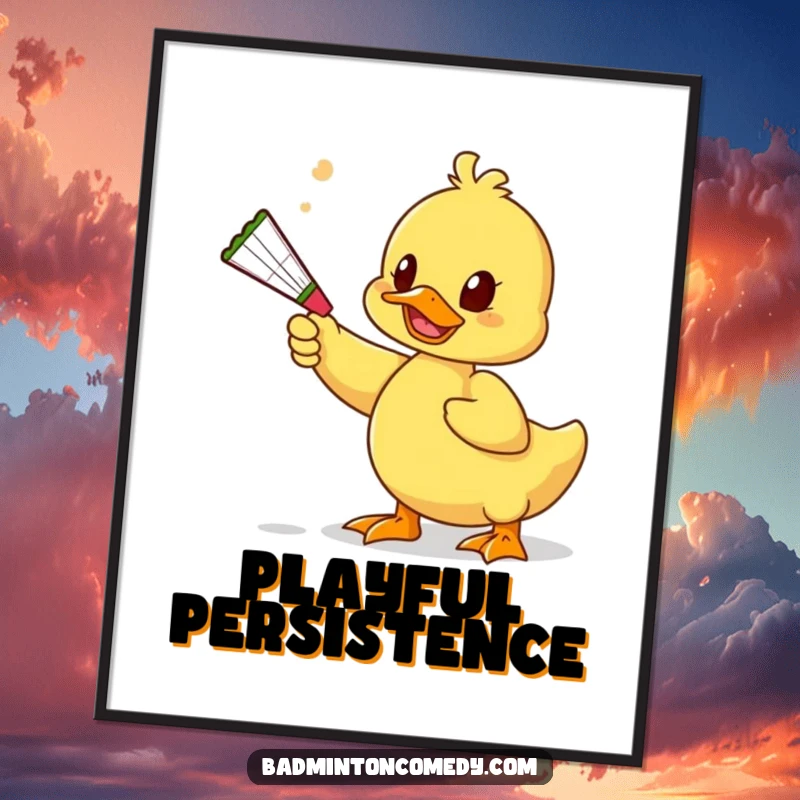 Funny Duck Toy Poster: A whimsical duck character is depicted playfully batting a shuttlecock with a squeaky toy, creating humorous art.