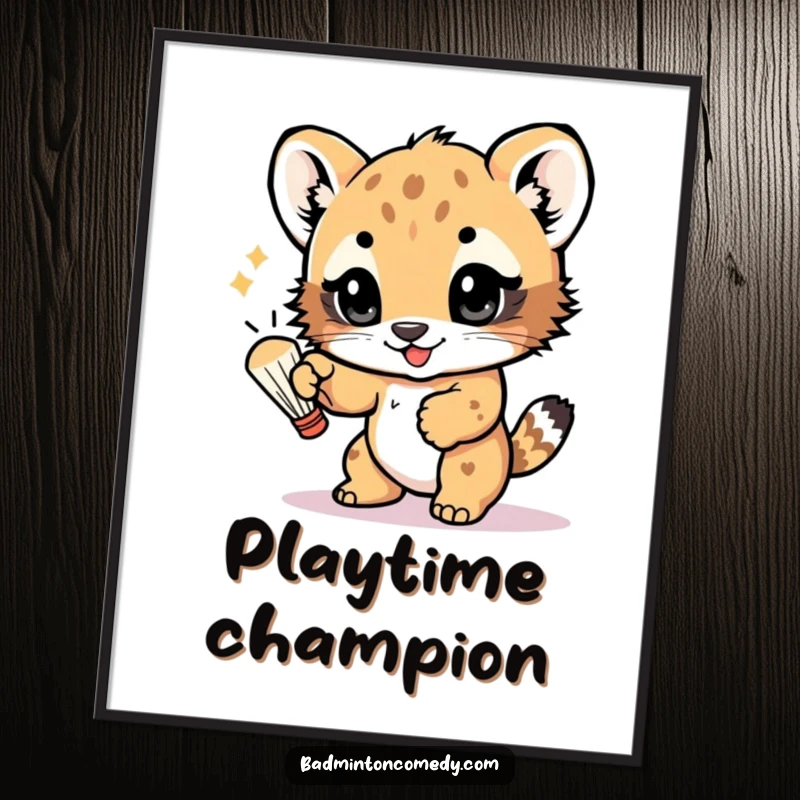 Funny poster of a playful bear cub batting a shuttlecock with its paw, eyes sparkling mischievously, embodying the joy of sport.