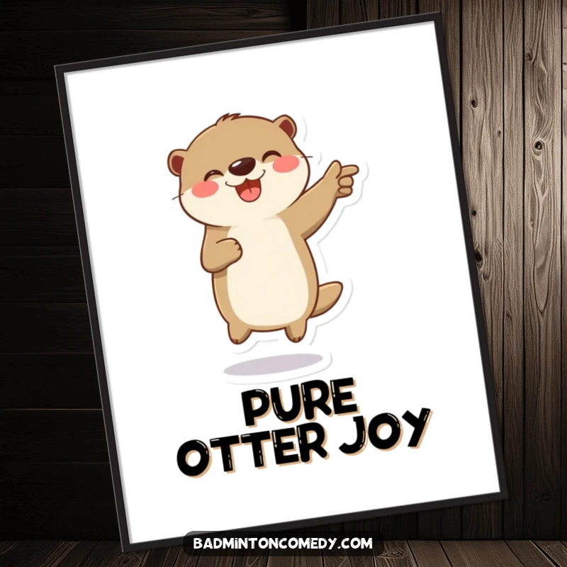 Funny poster of a playful otter character jumping high in celebration on a badminton court, highlighting joy.