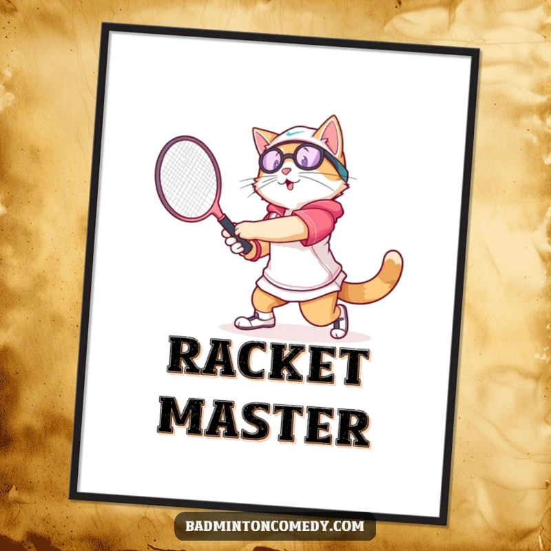 Funny cat in athletic gear swinging a badminton racket with gusto, vivid wall art for sports enthusiasts.