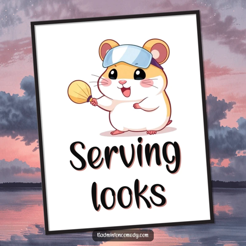 Funny, cheerful hamster wearing a visor, serving a shuttlecock with a tiny racket, as a vibrant poster.