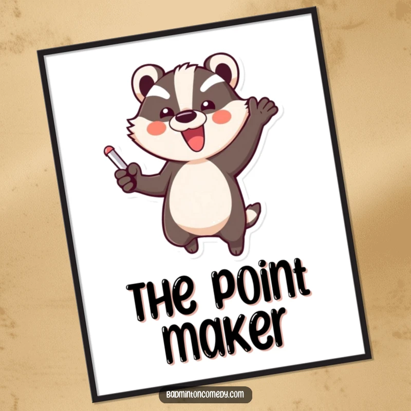 Funny Badger Celebration Poster: A graphic illustration of a badger in a jubilant, triumphant jump, celebrating a successful point in a game.