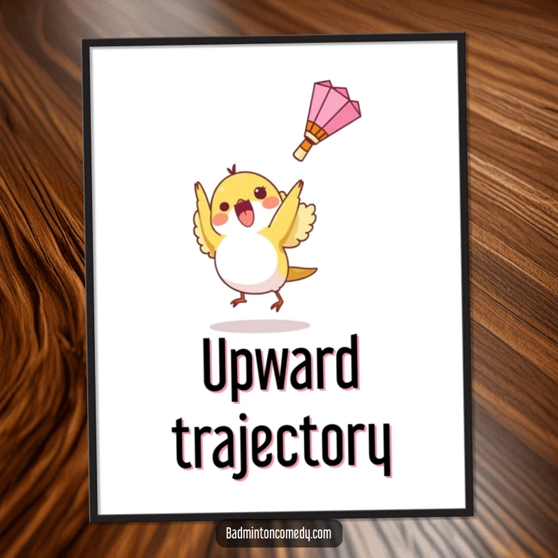 Funny poster showcasing a small bird character energetically hitting a shuttlecock upwards, celebrating the sport of badminton.