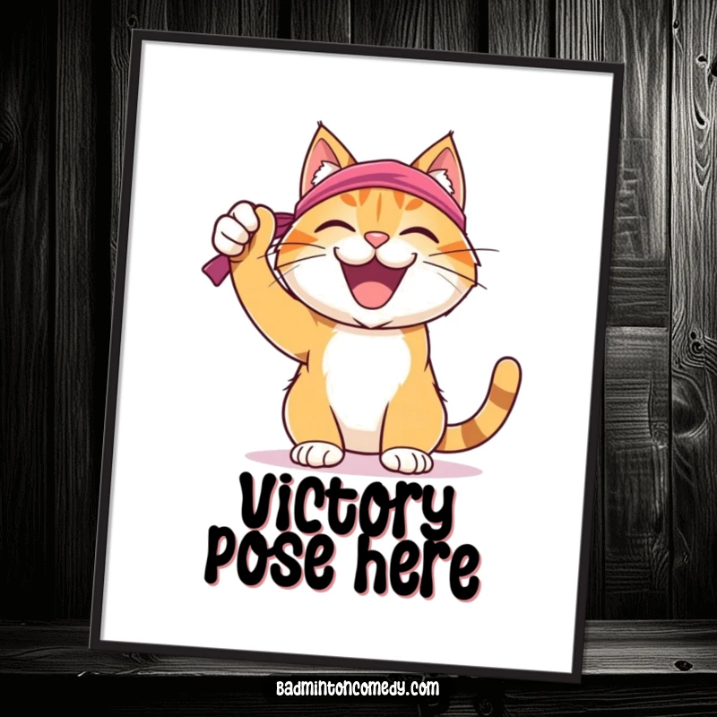 Funny Cat Badminton Poster: A joyful, sweatband-clad cat celebrating a successful badminton shot with pure elation.