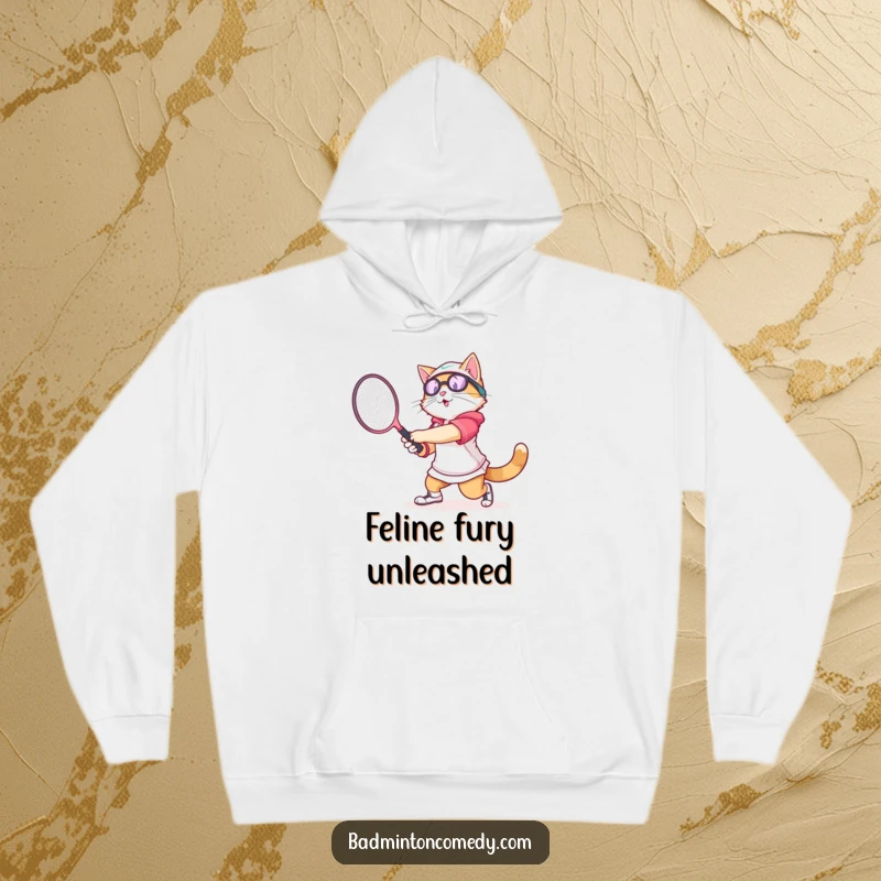 Funny cat in athletic gear swinging a badminton racket with gusto, featured on a warm and humorous hoodie.