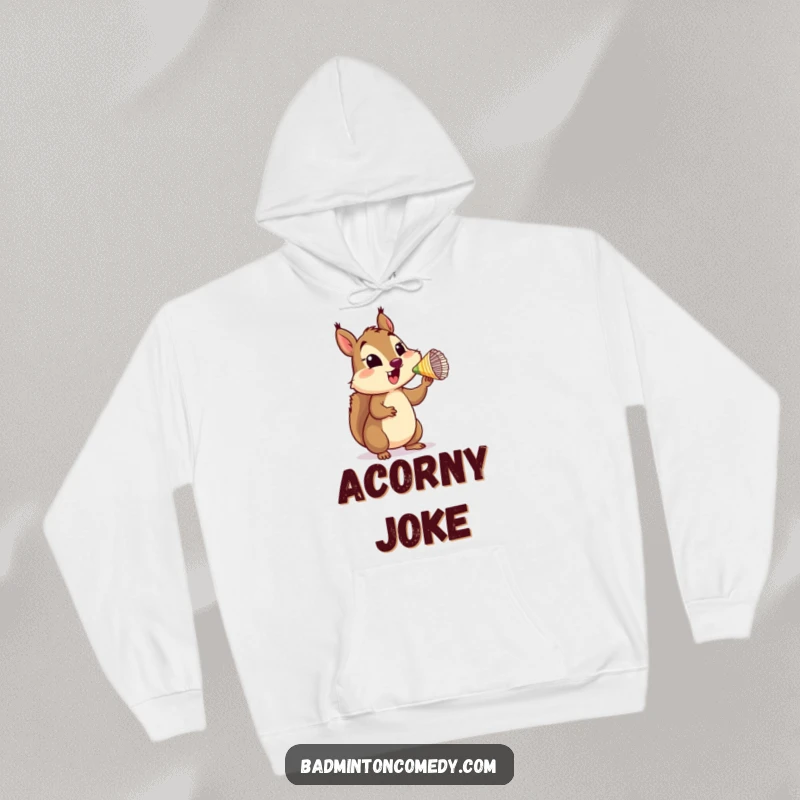 Funny Squirrel Shuttlecock Hoodie featuring a happy squirrel character balancing a shuttlecock on its nose, radiating cozy fun.