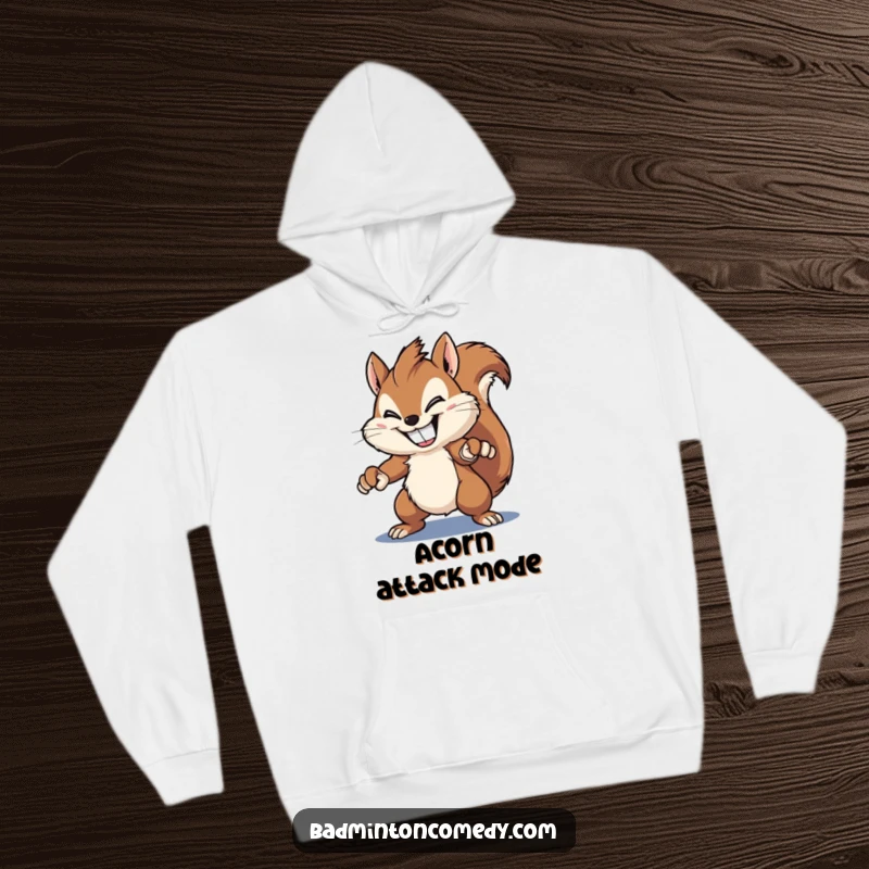 Funny squirrel hoodie, a fluffy squirrel with a wide grin, performing a powerful badminton smash, embodying joyful and humorous intensity.