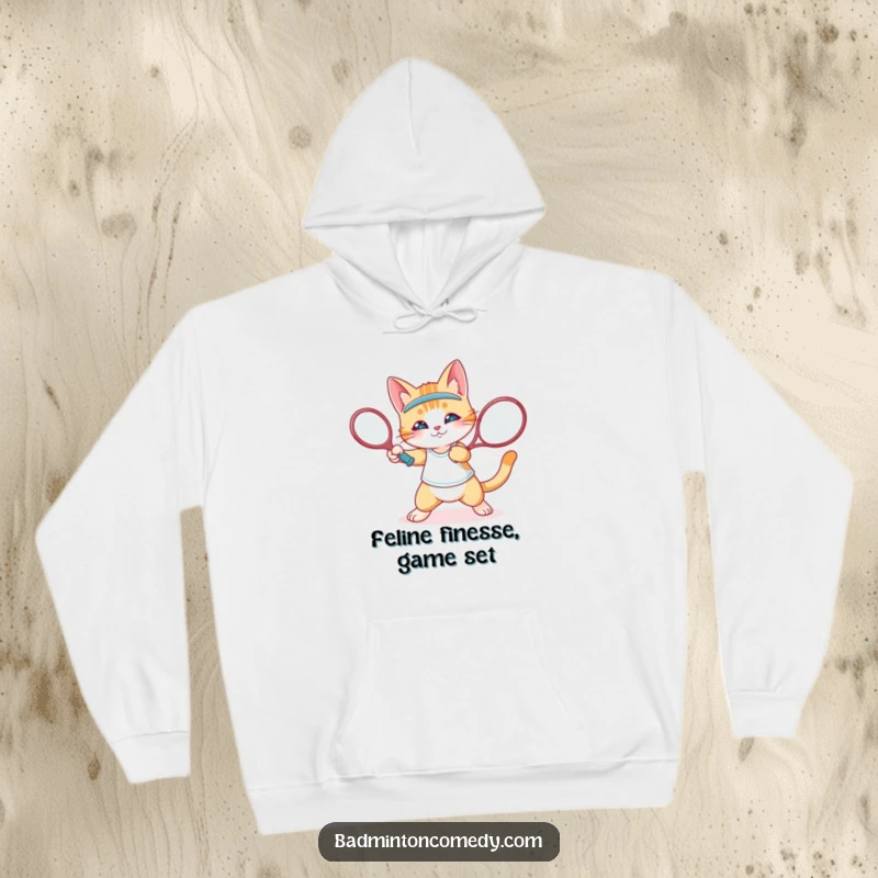 Funny cat playing badminton with a precise wrist flick on a cozy hoodie, funny gift.