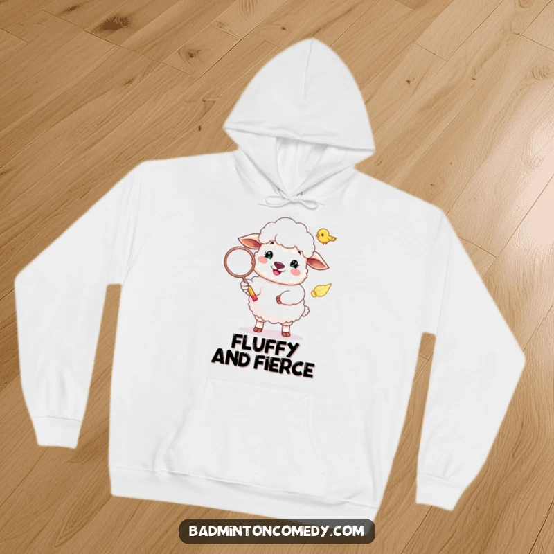 Funny Sheep Hoodie: A warm hoodie featuring a happy sheep in the act of serving a badminton shuttlecock.