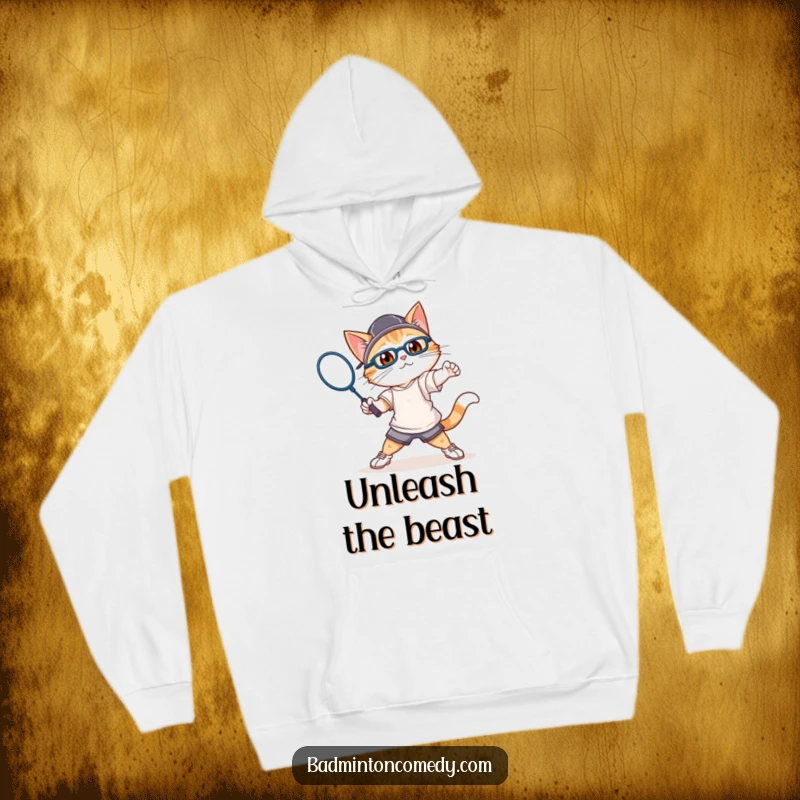 Funny cat in athletic gear, swinging a badminton racket with gusto, on a cozy hoodie.