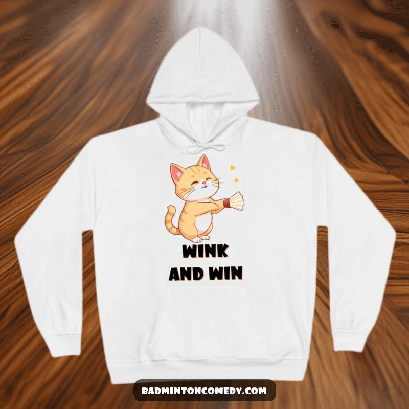 Funny cat gracefully striking a shuttlecock with a playful wink on this warm and cozy hoodie.