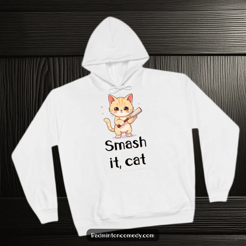 Funny cat hoodie depicting a triumphant cat striking a cool pose after executing a perfect tennis smash.