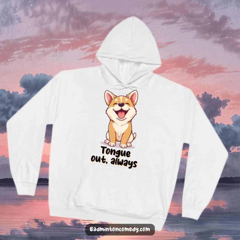 Funny happy dog panting happily after a badminton rally on a hoodie, showcasing relaxation.