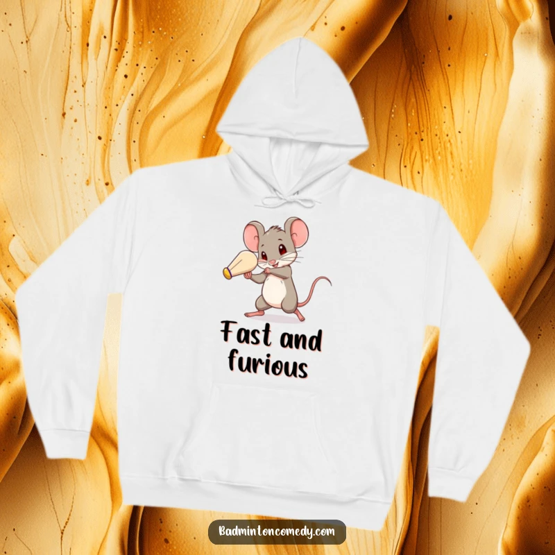 Funny mouse in a dynamic pose, batting a shuttlecock with astonishing speed, a cozy and humorous hoodie design.