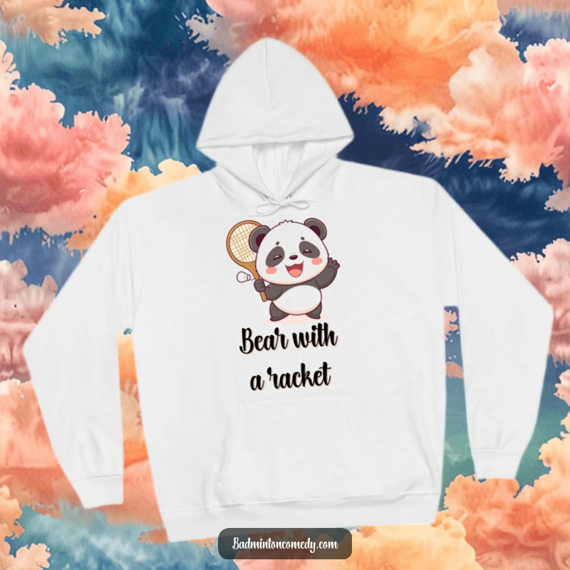 Funny panda with a large racket, gleefully smashing a shuttlecock, embodying pure joy on this warm hoodie.