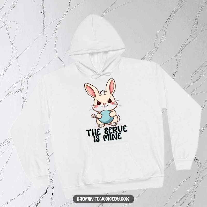 Funny rabbit hoodie showing a determined rabbit preparing to serve a tennis ball with a great big, funny grin.
