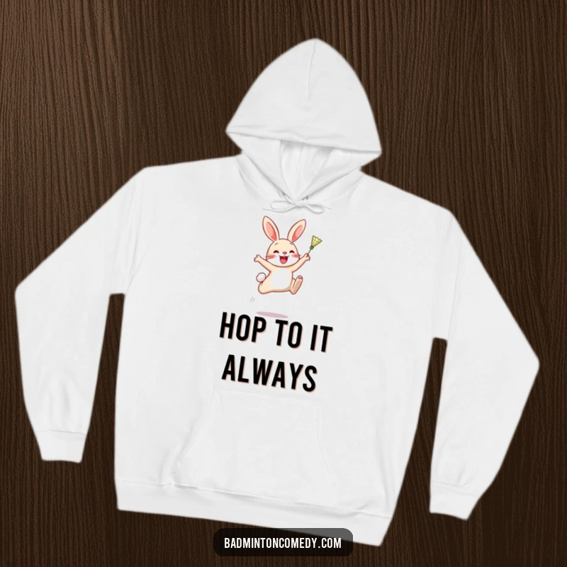 Funny Hoodie: A determined cartoon rabbit mid-air, expertly hitting a badminton shuttlecock, symbolizing playful sporting action.