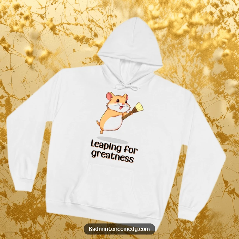Funny Hamster Badminton Hoodie: A determined hamster in mid-leap with a tiny racket, ready to smash a shuttlecock.