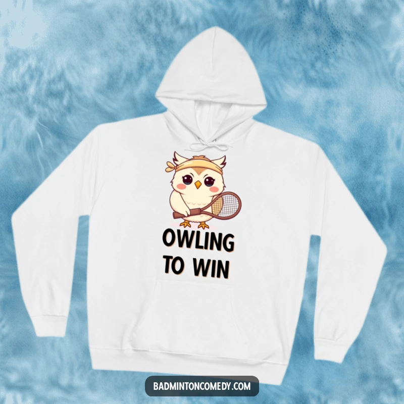 Funny hoodie showcasing a smiling owl character in a headband, holding a tennis racket, ready for a badminton game.