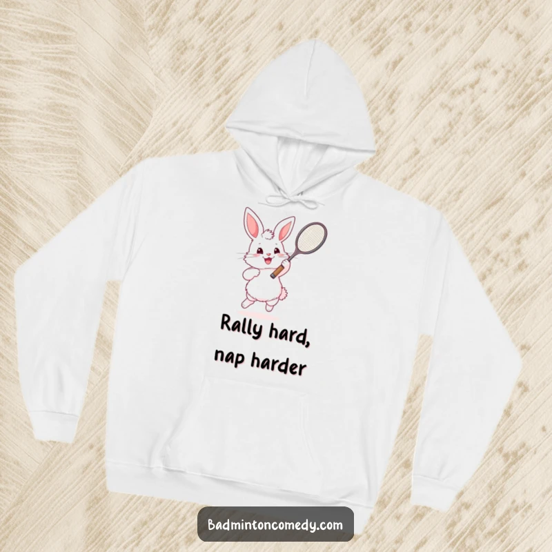 Funny Bunny Badminton Hoodie featuring a fluffy rabbit with a badminton racket, embodying joyful and energetic play.