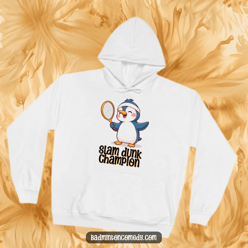 Funny penguin with a headband, enthusiastically swinging a tennis racket, bringing joy and humor to a cozy hoodie design.